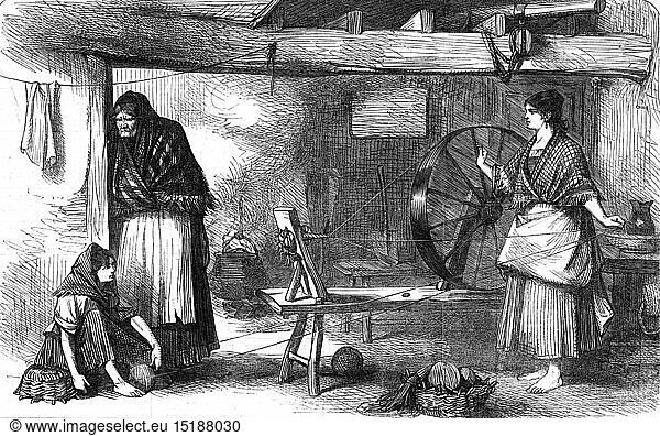 people  misery and hardship  spinning of net thread  Claddagh  County Galway  Ireland  wood engraving  'The Illustrated London News'  1860