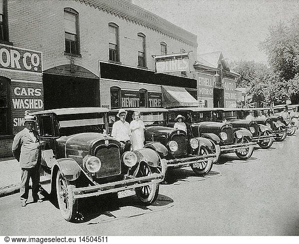 People Posed With Row of Automobiles  USA  1921