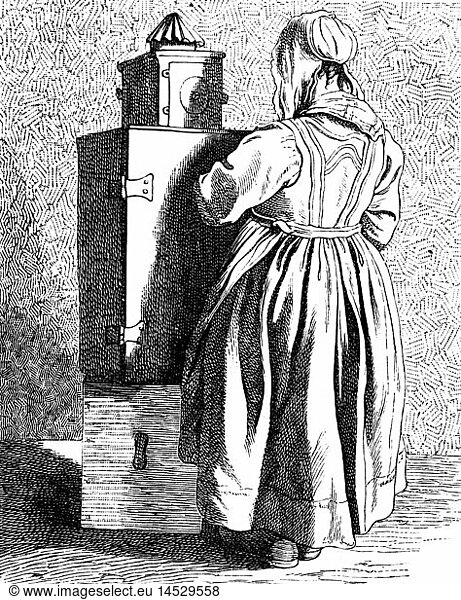people  profession  operator of a Laterna Magica  full length  copper engraving  by Edme Bouchardon (1698 - 1762)  from the series 'Les Cris de Paris'  1737 - 1742  from: Paul Lacroix  'Aspect de Paris au XVIII siecle'  Paris  1875