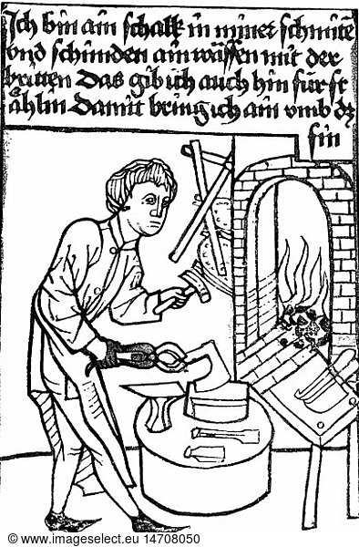 people  professions  armourer  'The crooked armourer'  woodcut  Ulm  circa 1460