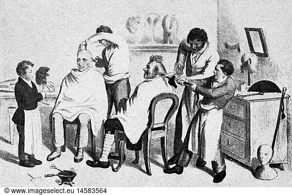 people  professions  barber  barber shop  lithograph  Germany  circa 1810