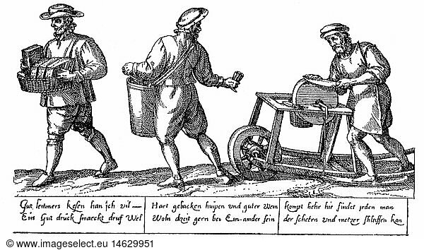people  professions  chapman  two chapmen and a scissors grinder  copper engraving  Germany  17th century  books  vendor  trade  grindstone  grinding  knive  vagrancy  handcraft  craftsmen  historic  historical