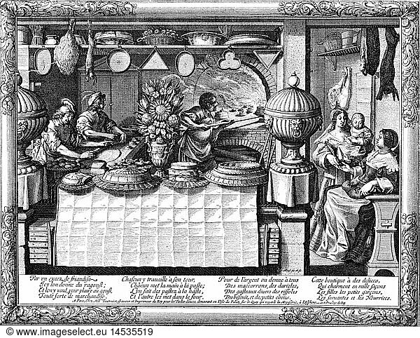 people  professions  confectioner  confectionery  copper engraving by Abraham Bosse  France  17th century  work  working  craftsman  handcraft  pastry  shop  baker  bakery  food  cake  oven  historic  historical