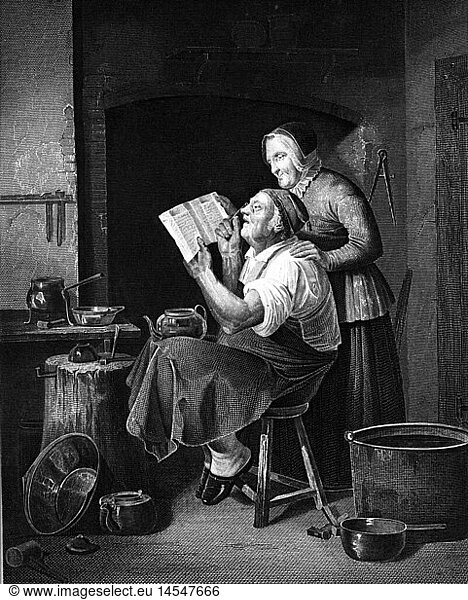 people  professions  coppersmith  steel engraving  Germany  19th century  reading  wife  couple  shop  handcraft  craftsman  pot  copper  smith  historic  historical