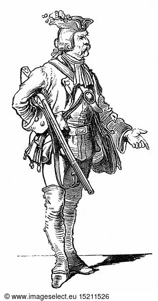 people  professions  'Der Foerster' (The Forest Warden)  illustration from 'Muenchner Bilderbogen' (Munich Sheet of Pictures)  wood engraving  19th century  graphic  graphics  full length  clipping  cut out  cut-out  cut-outs  standing  clothes  outfit  outfits  hats  three-cornered hat  holding  hold  rifle  gun  rifles  guns  gaiter  puttee  gaiters  puttees  hunt  hunts  forest warden  forester  forest ranger  woodman  woodsman  historic  historical  man  men  male  people