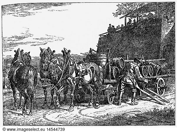 people  professions  drayman  deliverering a beer garden in Munich  engraving by Johann Adam Klein  1867