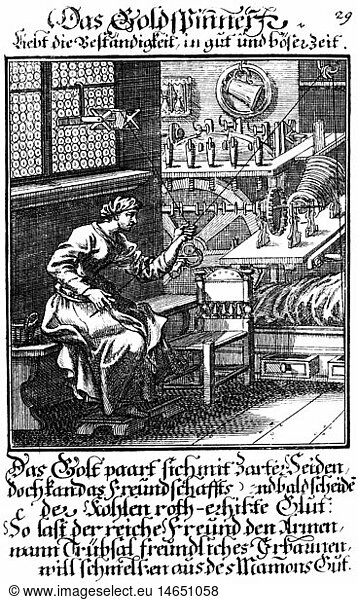 people  professions  goldsmith  copper engraving from 'Staendebuch' of Christoph Weigel  1698  with verse by Abraham a Santa Clara