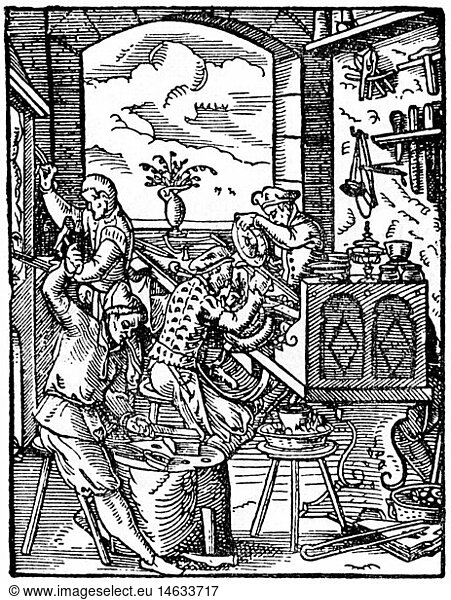 people  professions  goldsmith  woodcut by Jost Amman (1539 - 1591)  from: book of classes  with verses by Hans Sachs  Frankfurt  1568