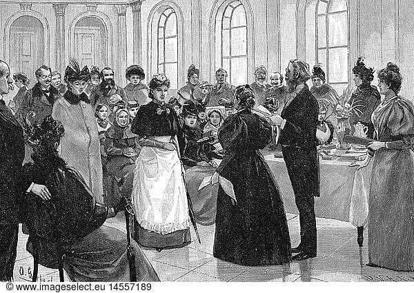 people  professions  housemaid  awarding of servants  Berlin  wood engraving  circa 1900