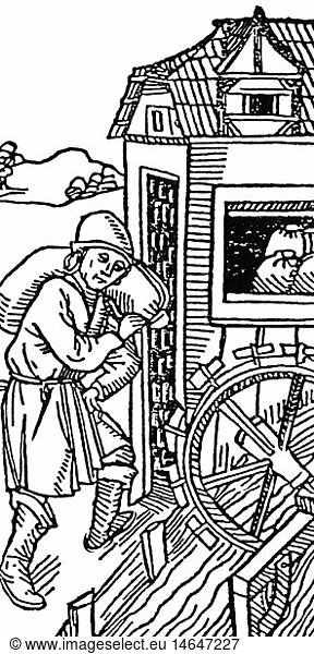 people  professions  miller  water mill  woodcut  Germany  15th century  work  working  grain  flour  food  technics  wheel  millwheel  middle ages  craftsman  handcraft  historic  historical  medieval