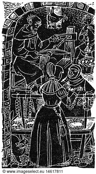 people  professions  rosary maker  woodcut  Germany  15th century  handcraft  craftsman  shop  tools  religion  christianity  woman  customer  pearls  middle ages  historic  historical  medieval