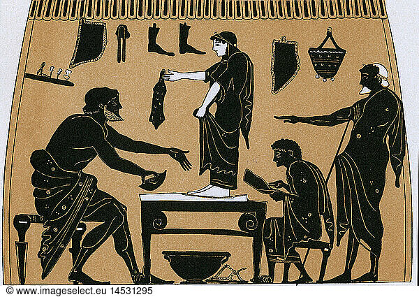 people  professions  shoemaker  customers in the workshop of a cobbler  black-figure pottery  6th century BC  print  19th century  shoes  girl  clothing  handcraft  craftsman  measure  ancient world  antiquity  Greece  historic  historical  ancient world