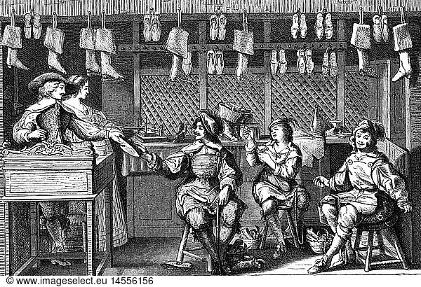 people  professions  shoemaker  shop  copper engraving by Abraham Bosse  France  17th century  shoes  boots  leather  fashion  working  labour  handcraft  craftsmen  historic  historical