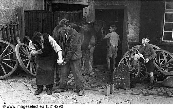 people  professions  smith  placing a shoe on a horse  Gegenbach  Black Forrest  1930s
