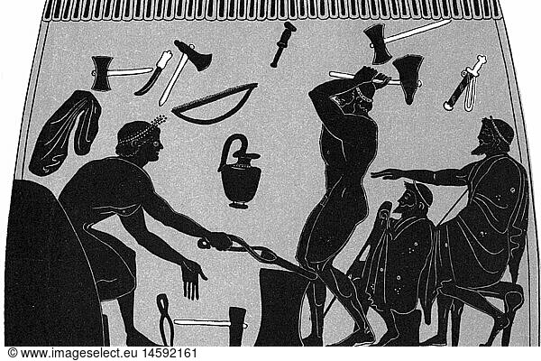 people  professions  smith  smithy  black-figure pottery  Greece  late 6th century BC  print  19th century  ancient world  antiquity  hammer  handcraft  craftsman  craftsmen  tool  tools  shop  historic  historical  black figure  ancient world