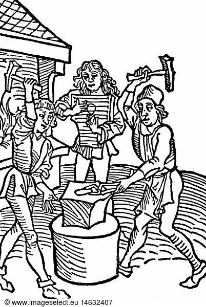 people  professions  smith  two smiths at double beat to the bar of a harp  Germany  15th century  hammer  hammering  beating  working  labour  music  musician  middle ages  handcraft  craftsman  craftsmen  historic  historical  medieval