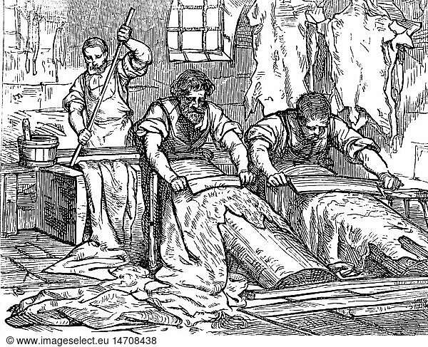 people  professions  tanner  scraping of the fur  wood engraving  Germany  19th century  animal skin  leather  scraper  tannery  work  working  labour  tools  tool  shop  handcraft  craftsman  historic  historical