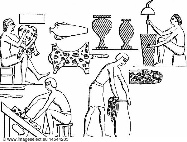 people  professions  tanner  tanner's shop  relief  sarcophagus of Ti  5th dynasty  circa 2600 BC  wood engraving  19th century  Old Kingdom  ancient world  antiquity  animal skin  leather  tannery  work  working  labour  handcraft  craftsman  historic  historical  ancient world