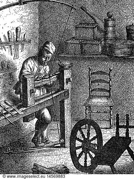 people  professions  turner  copper engraving by Jan Joris van Vliet  17th century  workbench  wood  handcraft  craftsman  tools  tool  shop  technics  Netherlands  historic  historical