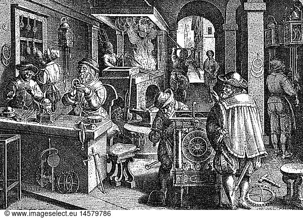 people  professions  watchmaker  watchmaker's shop  copper engraving by J. Collaert after Jan van der Straet  Flanders  circa 1570