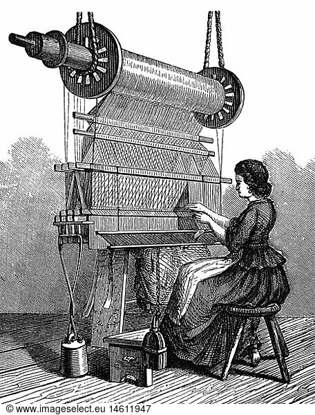 people  professions  weaver  feeding a chain  wood engraving  19th century