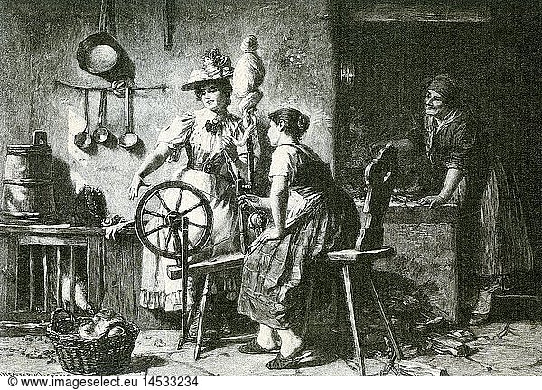people  professions  women  spinstress  young woman with spinning wheel  wood engraving by F. Ortlieb  19th century  historic  historical  profession  handcraft  spindle  old woman standing at herd  cooking  stove  cookstove  housework  maid  maidservant  female