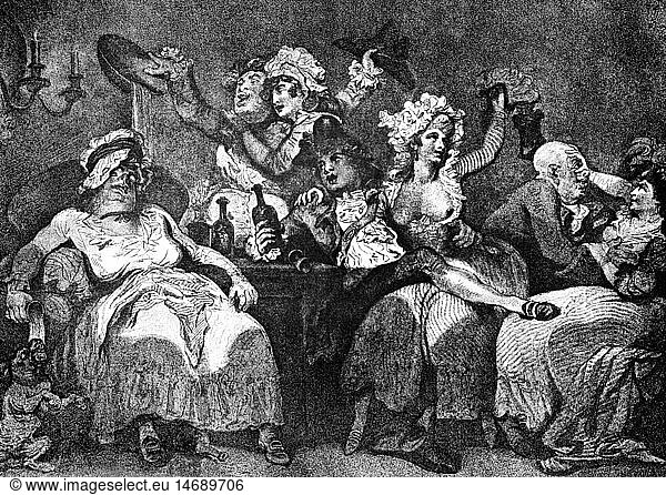 people  prostitution  caricature  English brothel  etching by Thomas Rowlandson  London  circa 1810