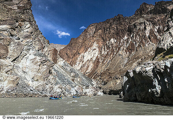 People rafting in Zanskar River gorge  Ladakh Region  Jammu and Kashmir  India