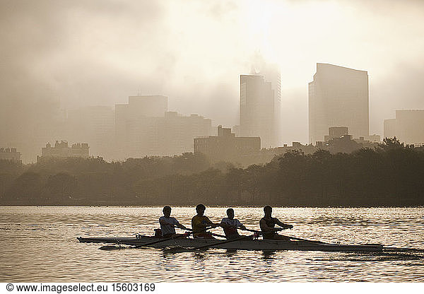 People rowing a boat in a river with city in the background, Charles River, Back Bay, Boston, Massachusetts, USA