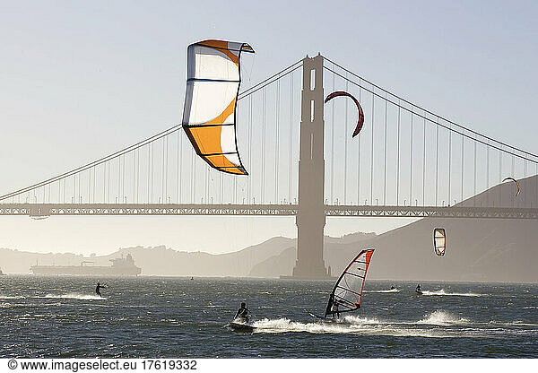 People wind surfing and Kitebording in the San Francisco Bay  California; San Francisco Bay  California
