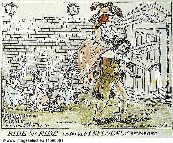 people  women  18th century  'Ride for ride'  colour engraving  London  25.5.1786  private collection  London