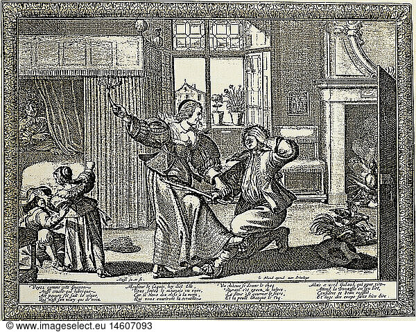 people  women  16th - 18th century  caricature on oppressed husbands  copper engraving  coloured  by Abraham Bosse (1602 - 1676)  Paris  France  mid 17th century  private collection  historic  historical  marriage  morals  morality  caricatures  man  kneeling  woman  slapping  hitting  with bunch of keys  children  kids  fighting  quarreling  quarrel  violence  caricatures  graphic  graphics  print  prints  cock  hen  lover  in bed  triumph  adultery  adulterer  beating  female  men  male