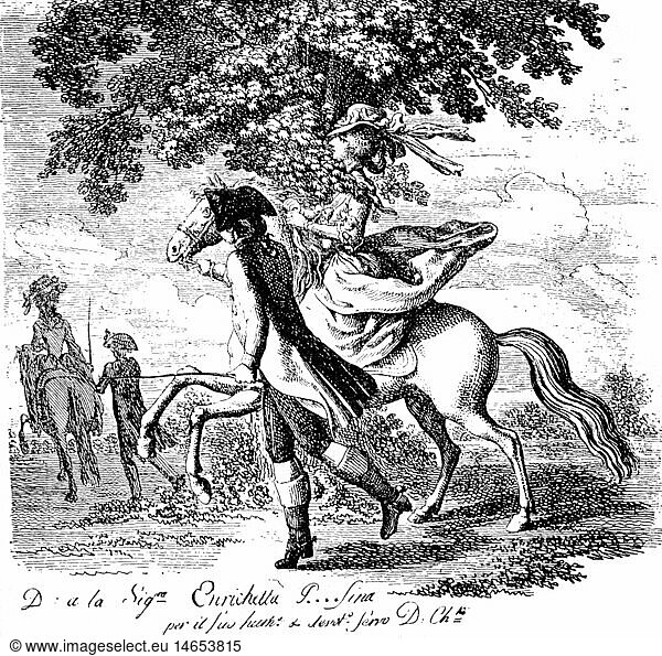 people  women  16th - 18th century  'La Cavalcata Infortunata'  woman is riding like a man through the Berlin Tiergarten  etching by Daniel Chodowiecki  1784