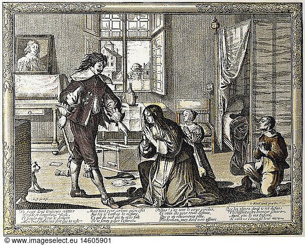 people  women  16th - 18th century  'The bad housewife'  copper engraving  coloured  by Abraham Bosse (1602 - 1676)  Paris  France  circa 1670  private collection