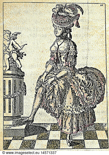 people  women  16th - 18th century  'The Coquette'  engraving  coloured  Germany  circa 1750  private collection