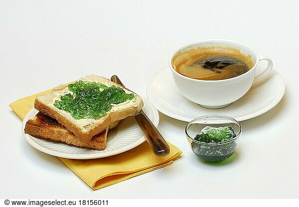 Peppermint jelly on toast  cup of coffee  mint jelly  mint jelly  jam  marmalade  breakfast