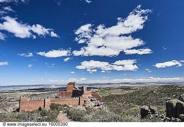 Peracense Castle in Menera mountain range. In the background Jiloca valley  Teruel province (region of Aragon  Spain)