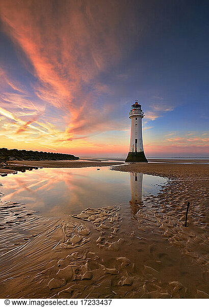 Perch Rock Lighthouse reflected at sunset  New Brighton  Cheshire  England  United Kingdom  Europe