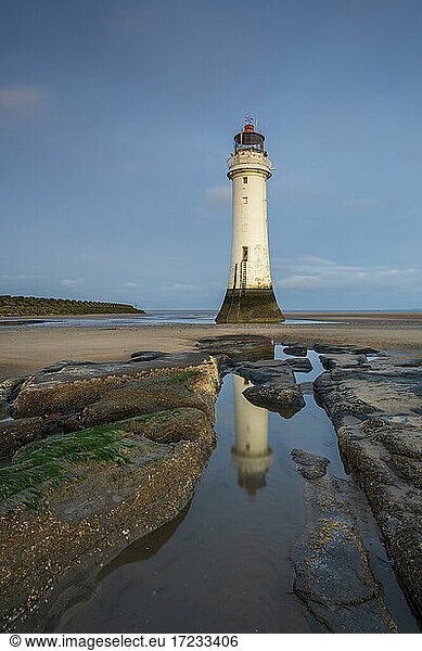 Perch Rock Lighthouse reflected in rockpool  New Brighton  Cheshire  England  United Kingdom  Europe