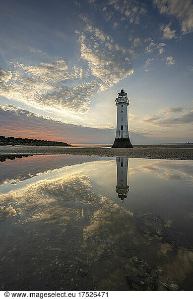 Perch Rock Lighthouse reflected  New Brighton  Cheshire  England  United Kingdom  Europe