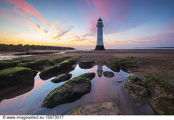 Perch Rock lighthouse with amazing sunset  New Brighton  Cheshire  England  United Kingdom  Europe