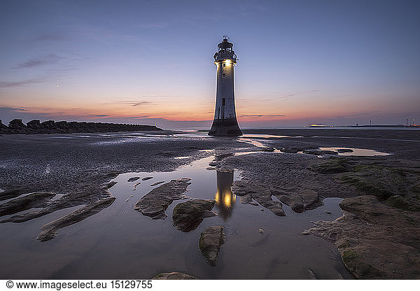 Perch Rock Lighthouse with evening moon  New Brighton  Merseyside  The Wirral  England  United Kingdom  Europe