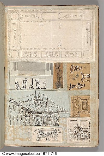 Percier  Charles 1764–1838. Page from a Scrapbook containing Drawings and Several Prints of Architecture  Interiors  Furniture and Other Objects  Album Drawings Prints Ornament & Architecture  ca. 1795–1805. Pen and black and gray ink  graphite  black chalk  39.8 × 25.4 cm.
Inv. Nr. 63.535.4 (a–c)
New York  Metropolitan Museum of Art.