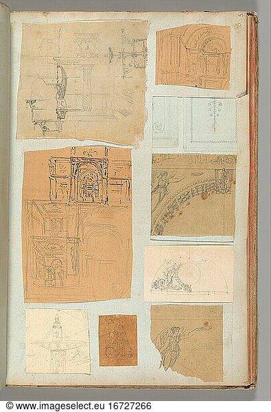 Percier  Charles 1764–1838. Page from a Scrapbook containing Drawings and Several Prints of Architecture  Interiors  Furniture and Other Objects  Album Drawings Prints Ornament & Architecture  ca. 1795–1805. Pen and black and gray ink  graphite  black chalk  39.8 × 25.4 cm.
Inv. Nr. 63.535.43 (a–g)
New York  Metropolitan Museum of Art.