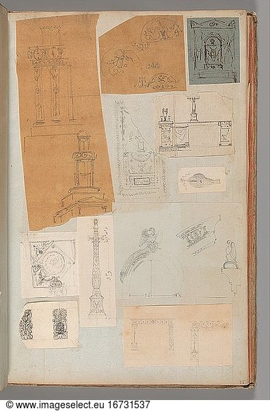 Percier  Charles 1764–1838. Page from a Scrapbook containing Drawings and Several Prints of Architecture  Interiors  Furniture and Other Objects  Album Drawings Prints Ornament & Architecture  ca. 1795–1805. Pen and black and gray ink  graphite  black chalk  39.8 × 25.4 cm.
Inv. Nr. 63.535.35 (a–k)
New York  Metropolitan Museum of Art.