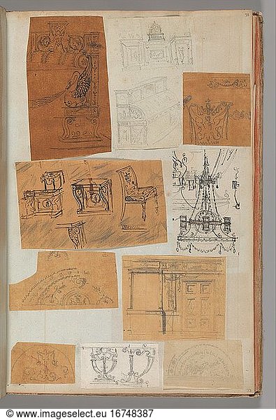 Percier  Charles 1764–1838. Page from a Scrapbook containing Drawings and Several Prints of Architecture  Interiors  Furniture and Other Objects  Album Drawings Prints Ornament & Architecture  ca. 1795–1805. Pen and black and gray ink  graphite  black chalk  39.8 × 25.4 cm.
Inv. Nr. 63.535.33 (a–j)
New York  Metropolitan Museum of Art.
