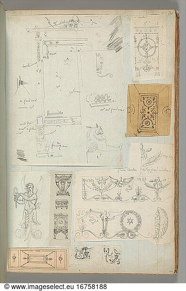 Percier  Charles 1764–1838. Page from a Scrapbook containing Drawings and Several Prints of Architecture  Interiors  Furniture and Other Objects  Album Drawings Prints Ornament & Architecture  ca. 1795–1805. Pen and black and gray ink  graphite  black chalk  39.8 × 25.4 cm.
Inv. Nr. 63.535.21 (a–h)
New York  Metropolitan Museum of Art.