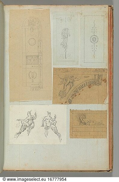 Percier  Charles 1764–1838. Page from a Scrapbook containing Drawings and Several Prints of Architecture  Interiors  Furniture and Other Objects  Album Drawings Prints Ornament & Architecture  ca. 1795–1805. Pen and black and gray ink  graphite  black chalk  39.8 × 25.4 cm.
Inv. Nr. 63.535.44 (a–f)
New York  Metropolitan Museum of Art.