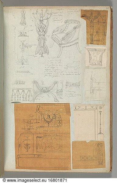 Percier  Charles 1764–1838. Page from a Scrapbook containing Drawings and Several Prints of Architecture  Interiors  Furniture and Other Objects  Album Drawings Prints Ornament & Architecture  ca. 1795–1805. Pen and black and gray ink  graphite  black chalk  39.8 × 25.4 cm.
Inv. Nr. 63.535.20 (a–g)
New York  Metropolitan Museum of Art.