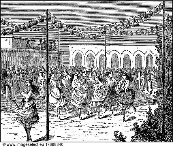 Persisches Hochzeitsfest  Tanz der als Mädchen verkleideten Knaben  Persien  Fraün im 19. Jahrhundert  Historisch  digital restaurierte Reproduktion einer Vorlage aus dem 19. Jahrhundert